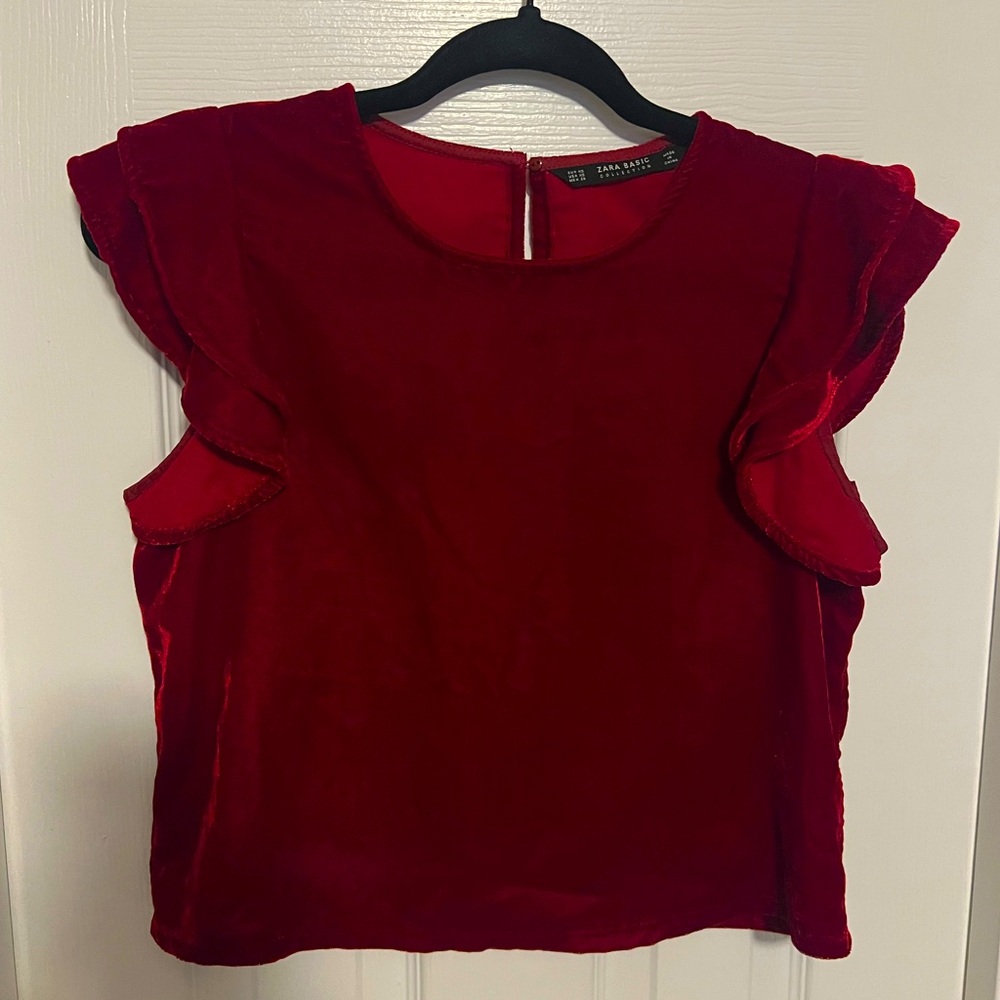 Zara Basic Red Velvet Short Sleeve Blouse!
